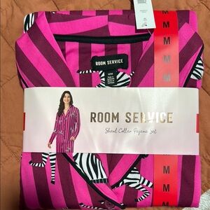 NWT Room Service Pink and Black Shawl Collar Pajama Set sz m